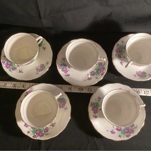 6 cup and saucer sets by Colclough, white with violets and gold trim, bone china